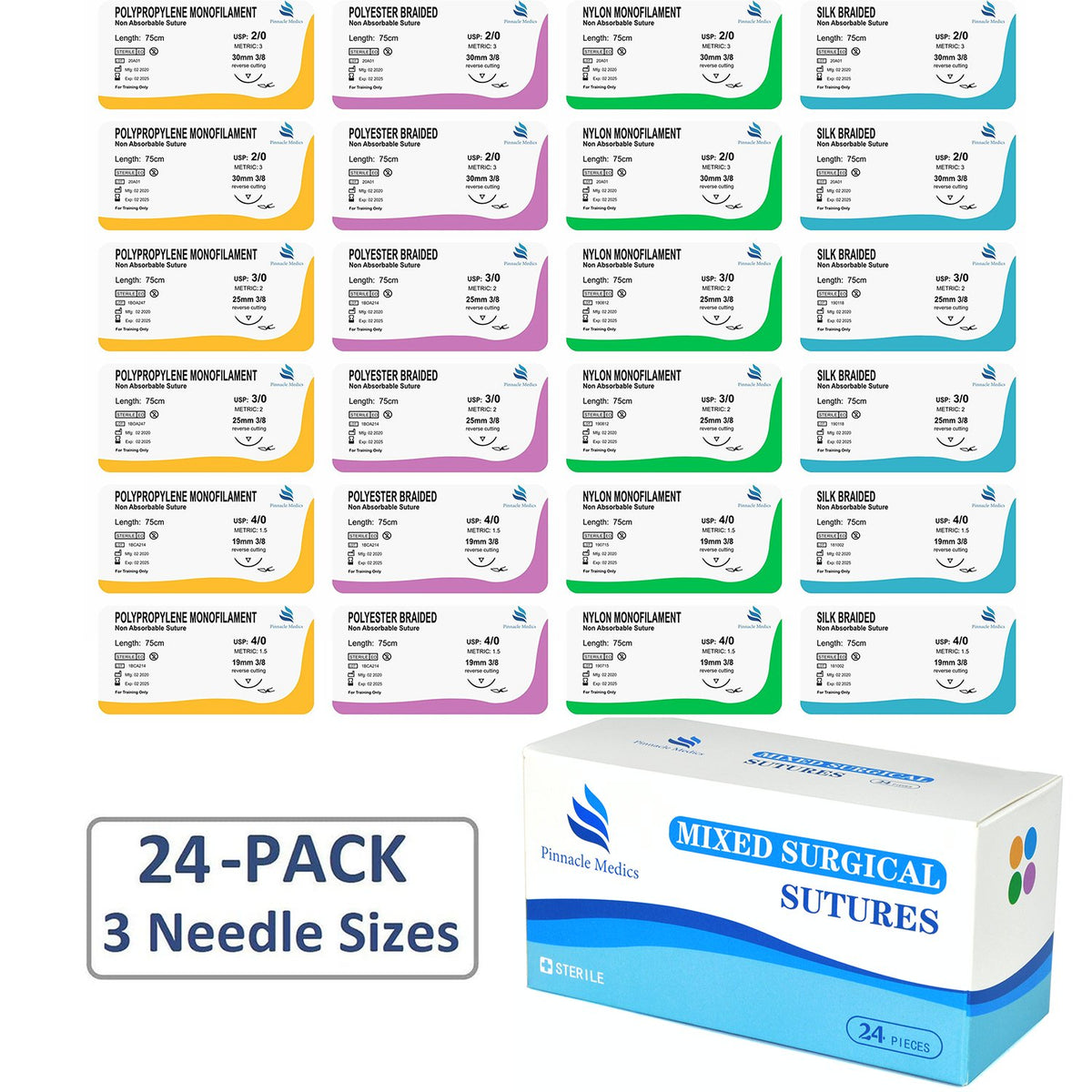 Sutures Thread with Needle | 24 Mixed Sterile Medical Sutures with Needles - Pinnacle Medics